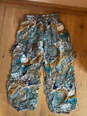 Boho Patchwork Print Harem Pants - Teal, Mustard, White